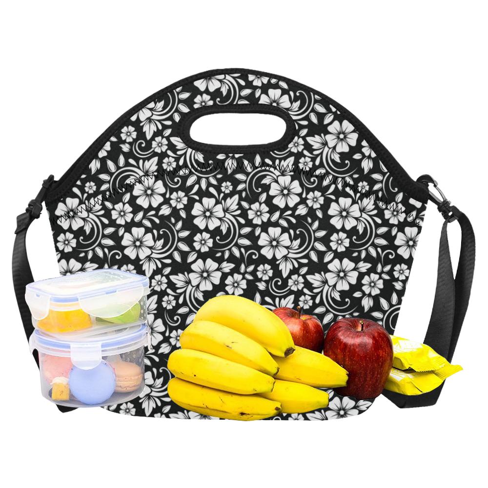 Floral Black White Themed Print Neoprene Lunch Bag (Model 1669)(Large)-JTAMIGO.COM