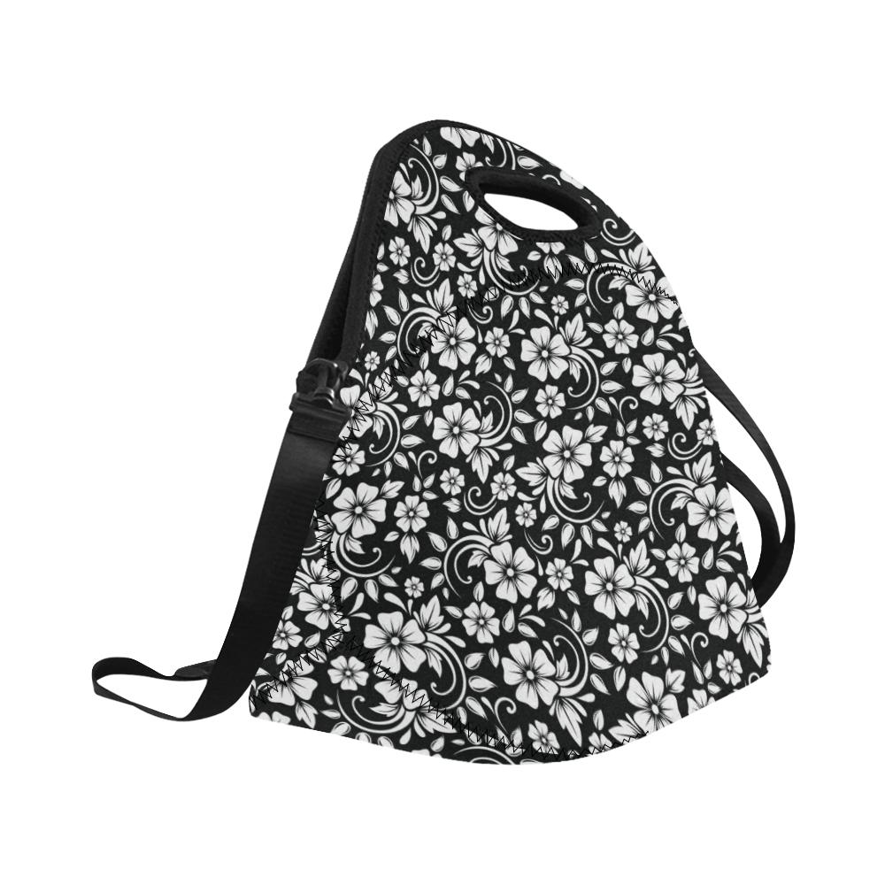 Floral Black White Themed Print Neoprene Lunch Bag (Model 1669)(Large)-JTAMIGO.COM