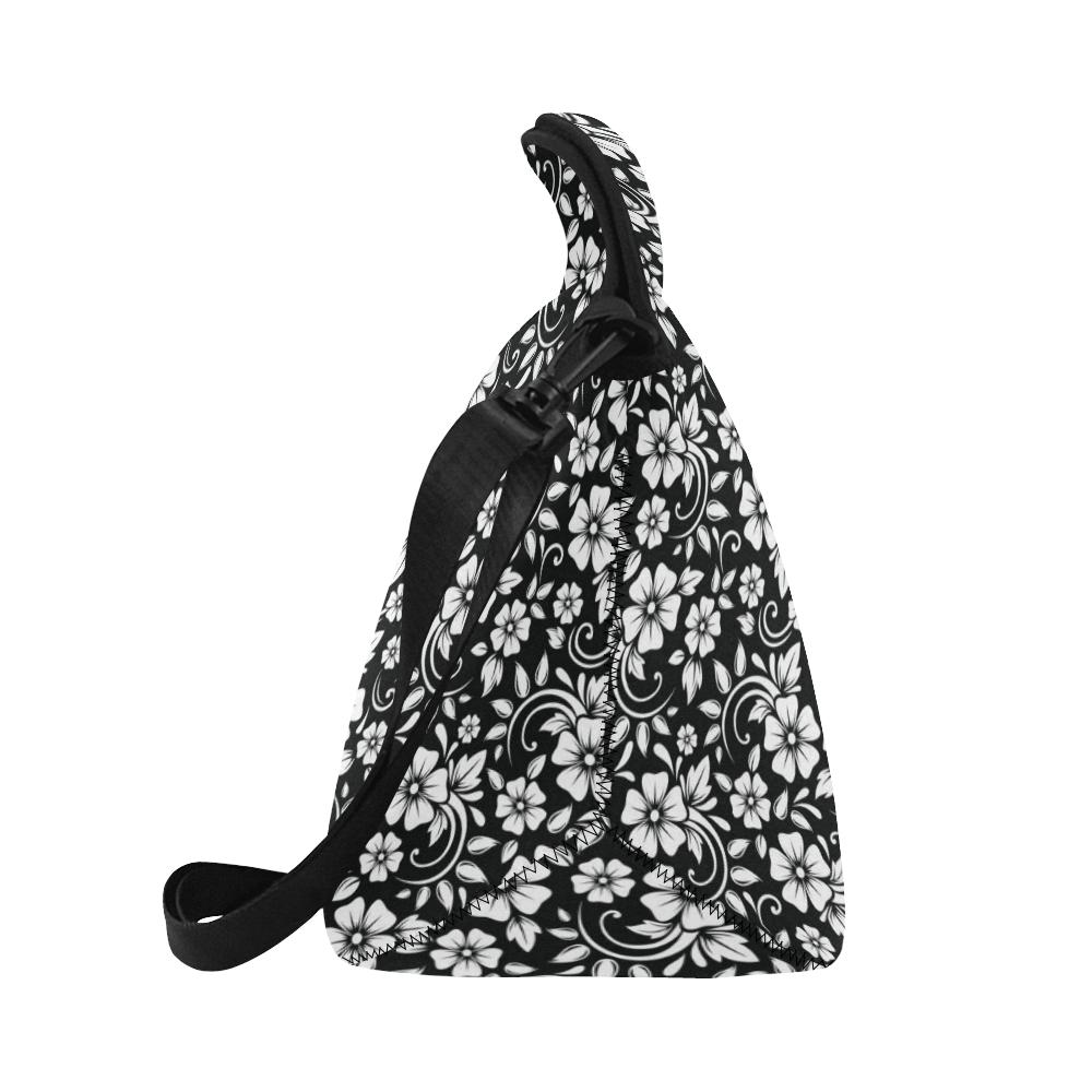 Floral Black White Themed Print Neoprene Lunch Bag (Model 1669)(Large)-JTAMIGO.COM