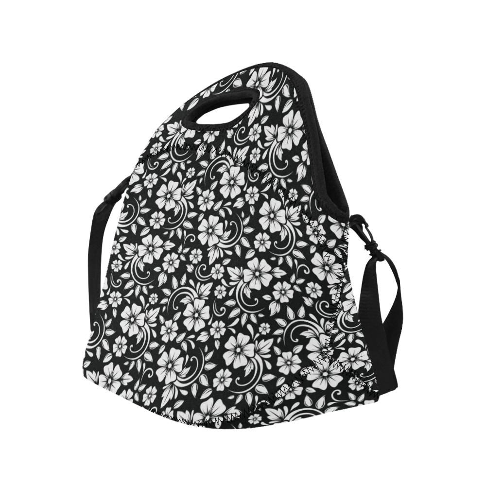 Floral Black White Themed Print Neoprene Lunch Bag (Model 1669)(Large)-JTAMIGO.COM