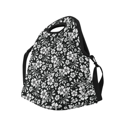 Floral Black White Themed Print Neoprene Lunch Bag (Model 1669)(Large)-JTAMIGO.COM