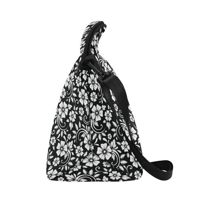 Floral Black White Themed Print Neoprene Lunch Bag (Model 1669)(Large)-JTAMIGO.COM