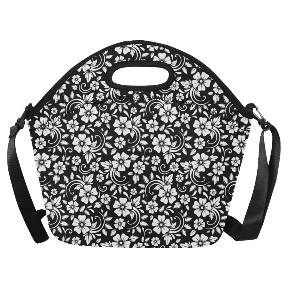Floral Black White Themed Print Neoprene Lunch Bag (Model 1669)(Large)-JTAMIGO.COM