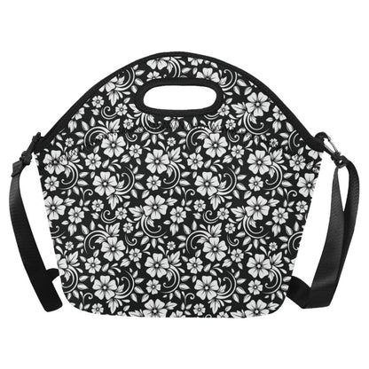 Floral Black White Themed Print Neoprene Lunch Bag (Model 1669)(Large)-JTAMIGO.COM