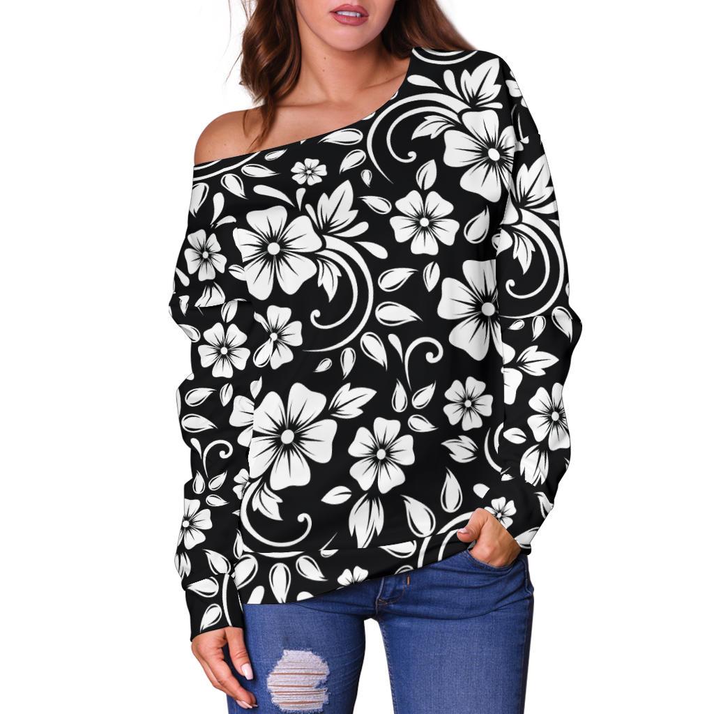 Floral Black White Themed Print Off Shoulder Sweatshirt