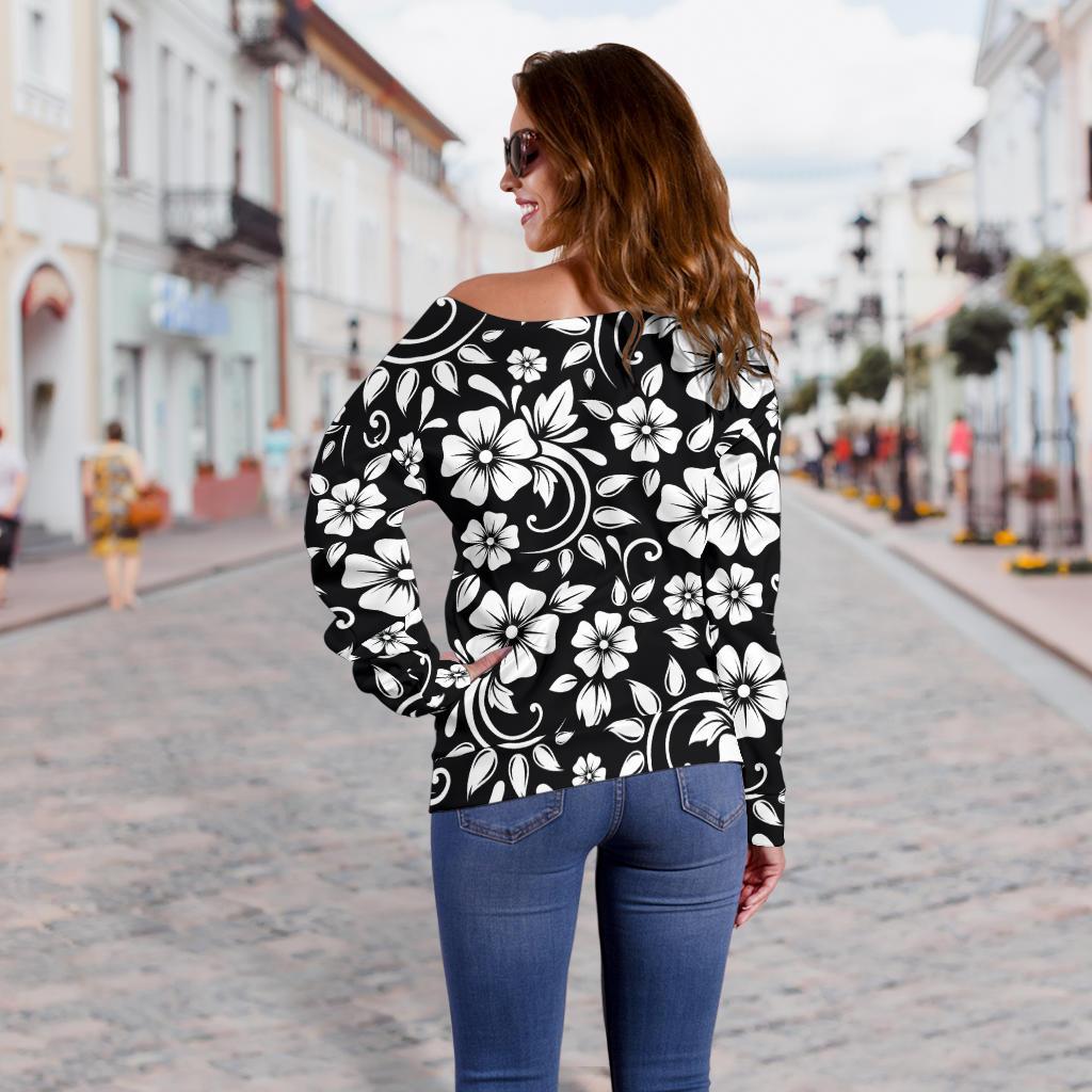 Floral Black White Themed Print Off Shoulder Sweatshirt