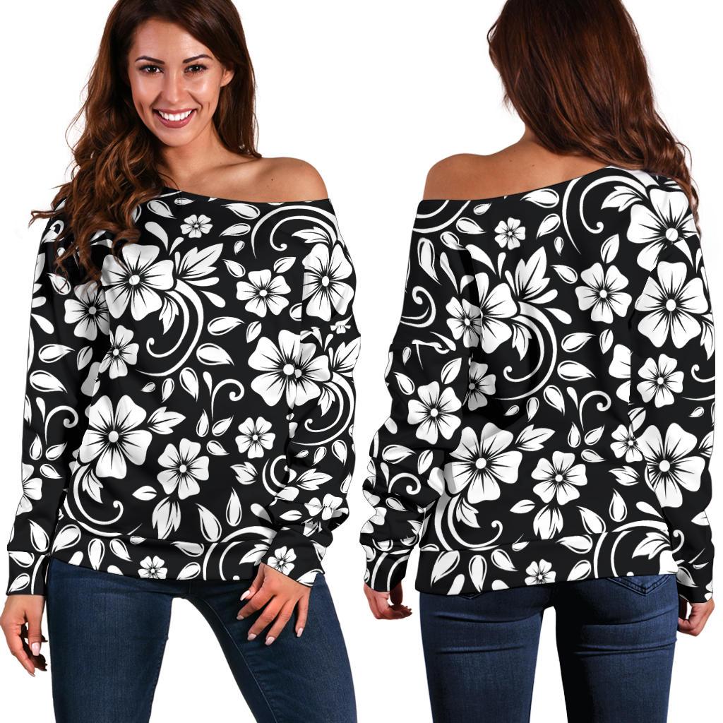 Floral Black White Themed Print Off Shoulder Sweatshirt