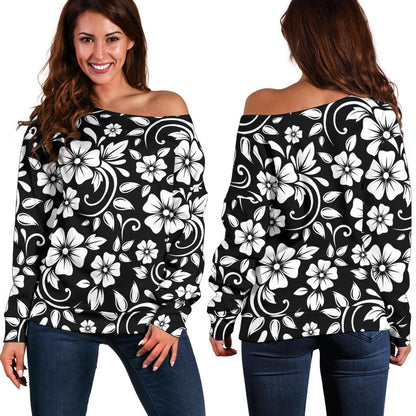 Floral Black White Themed Print Off Shoulder Sweatshirt