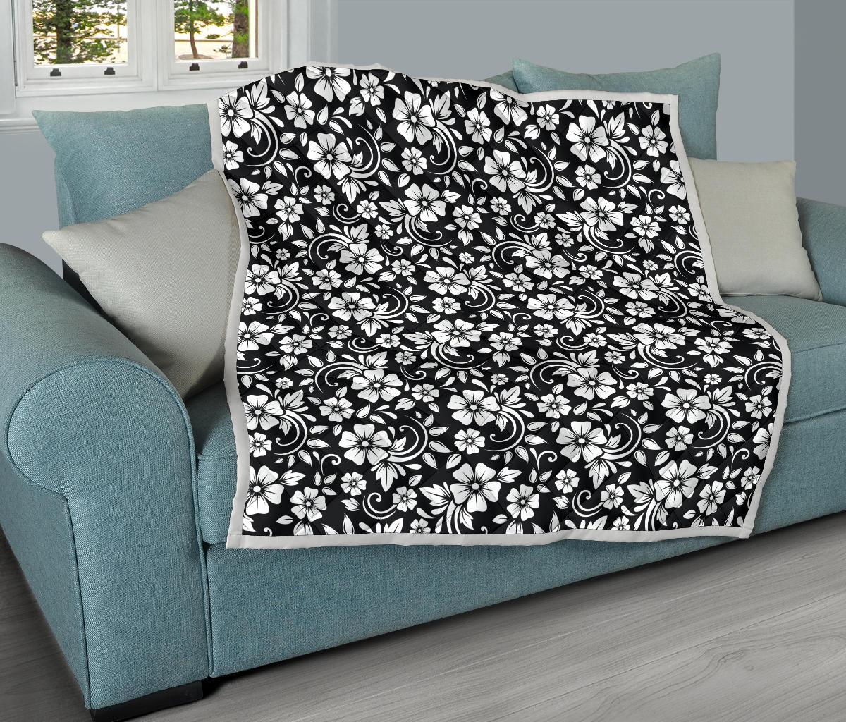 Floral Black White Themed Print Premium Quilt-JTAMIGO.COM