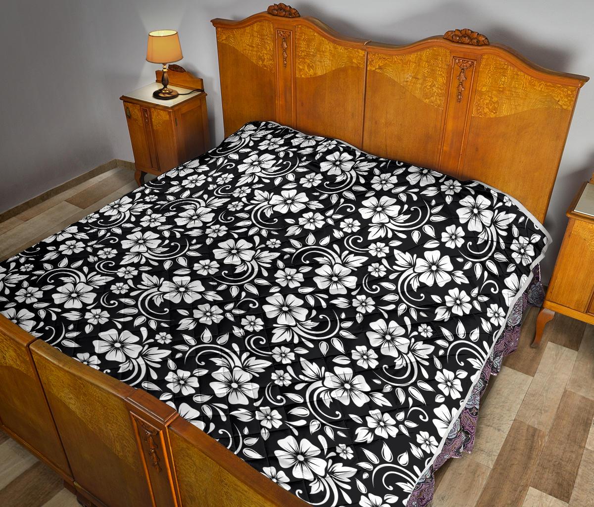 Floral Black White Themed Print Premium Quilt-JTAMIGO.COM
