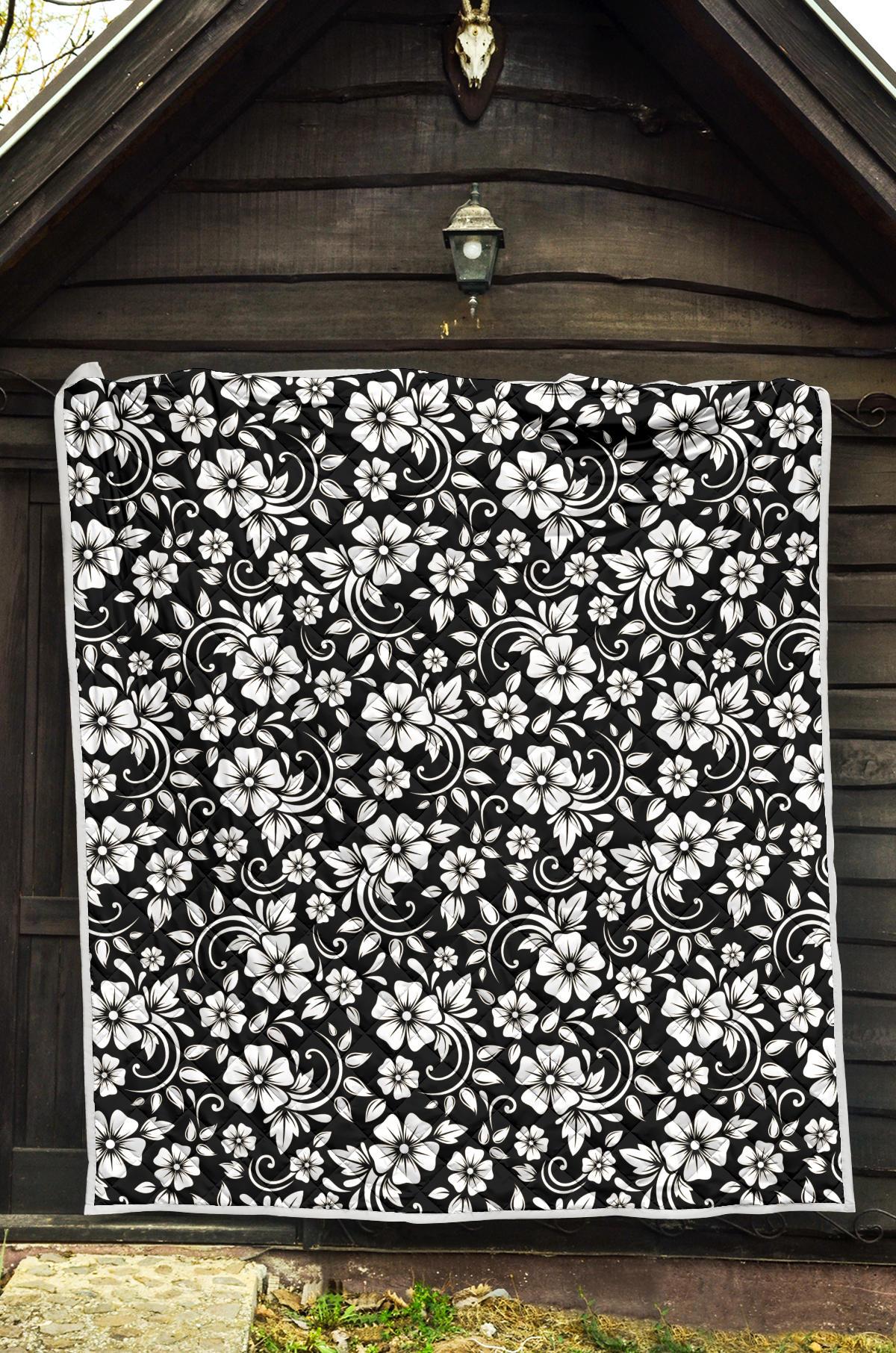 Floral Black White Themed Print Premium Quilt-JTAMIGO.COM