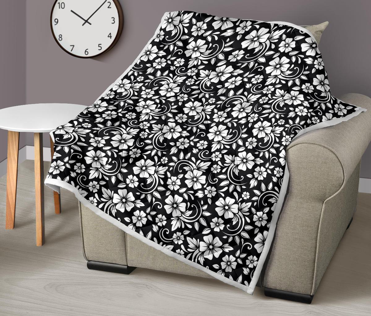 Floral Black White Themed Print Premium Quilt-JTAMIGO.COM