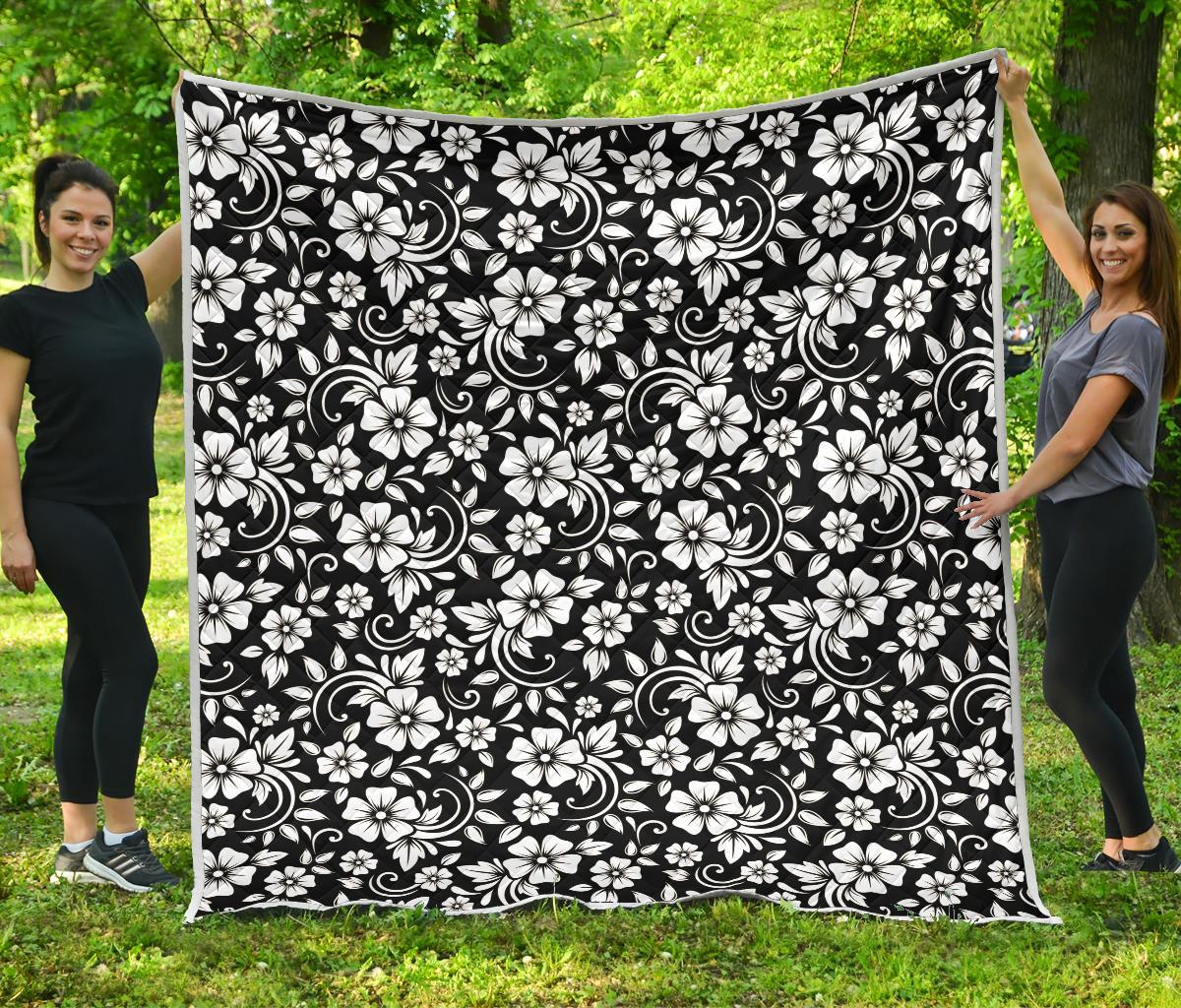 Floral Black White Themed Print Premium Quilt-JTAMIGO.COM