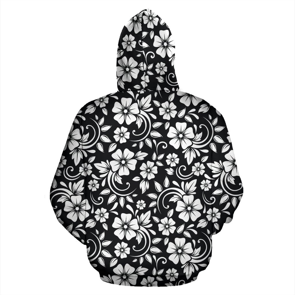 Floral Black White Themed Print Pullover Hoodie