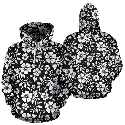 Floral Black White Themed Print Pullover Hoodie