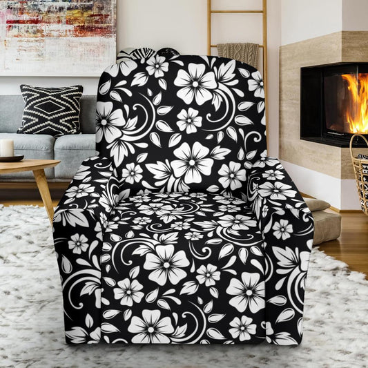 Floral Black White Themed Print Single Sofa Slipcover -JTAMIGO.COM