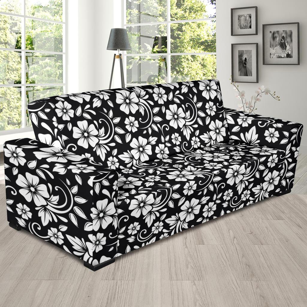 Floral Black White Themed Print Sofa Slipcover-JTAMIGO.COM