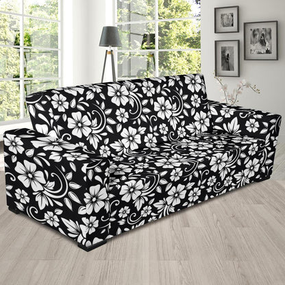 Floral Black White Themed Print Sofa Slipcover-JTAMIGO.COM
