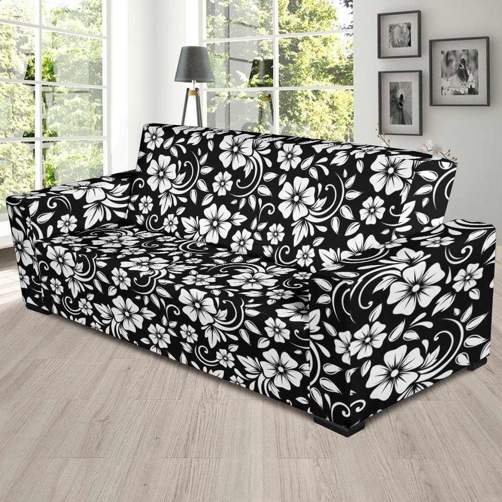 Floral Black White Themed Print Sofa Slipcover-JTAMIGO.COM