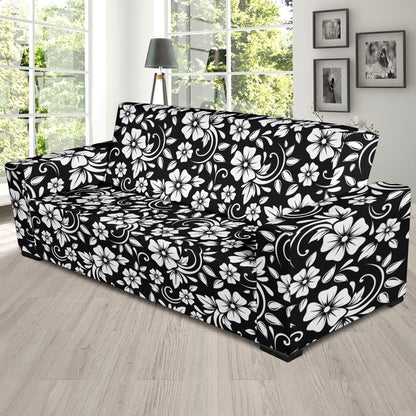 Floral Black White Themed Print Sofa Slipcover-JTAMIGO.COM