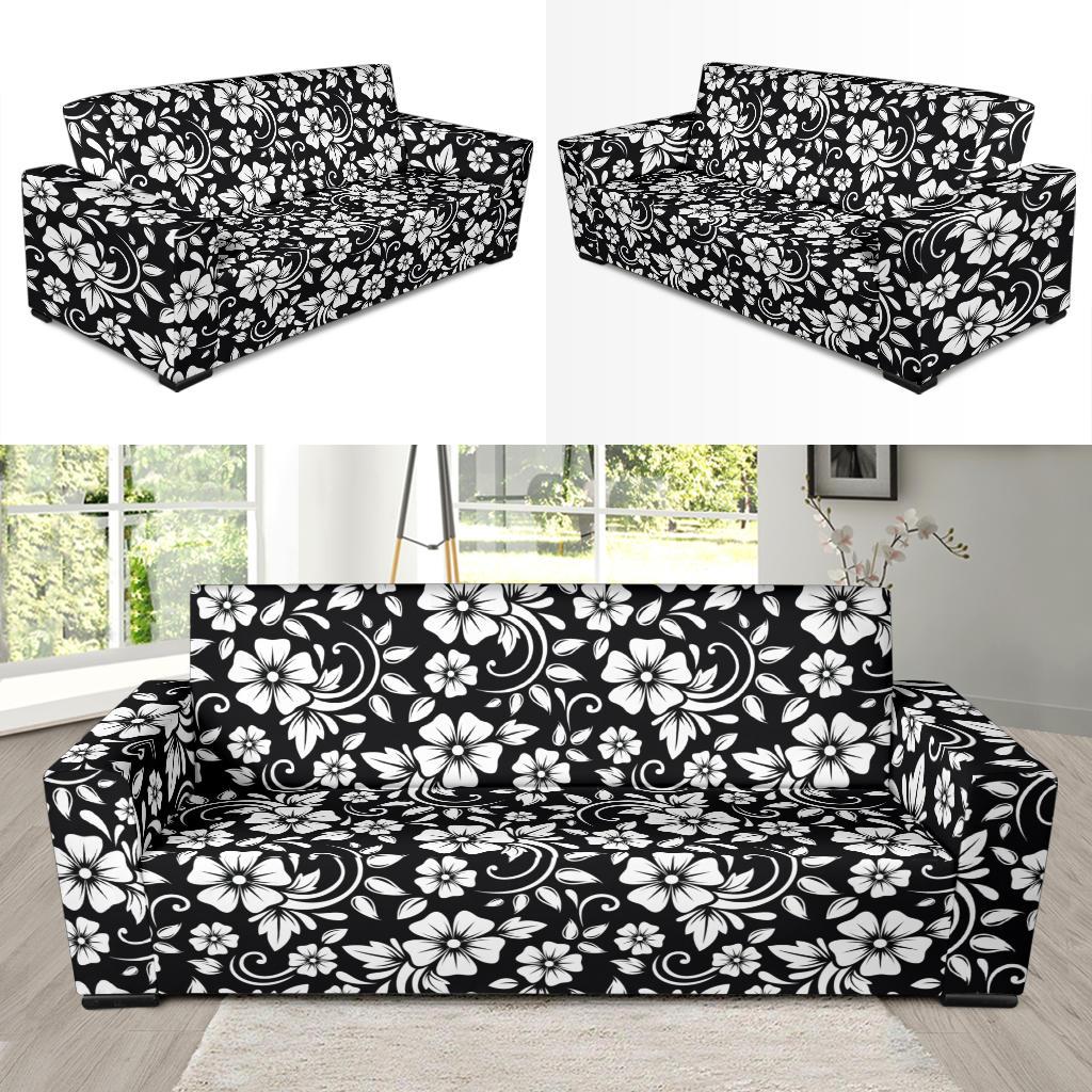Floral Black White Themed Print Sofa Slipcover-JTAMIGO.COM