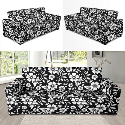 Floral Black White Themed Print Sofa Slipcover-JTAMIGO.COM