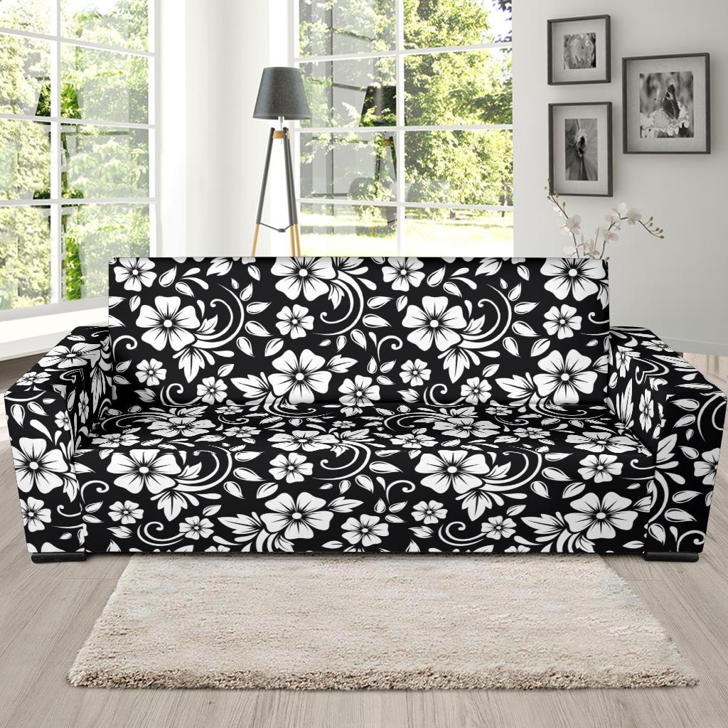 Floral Black White Themed Print Sofa Slipcover-JTAMIGO.COM