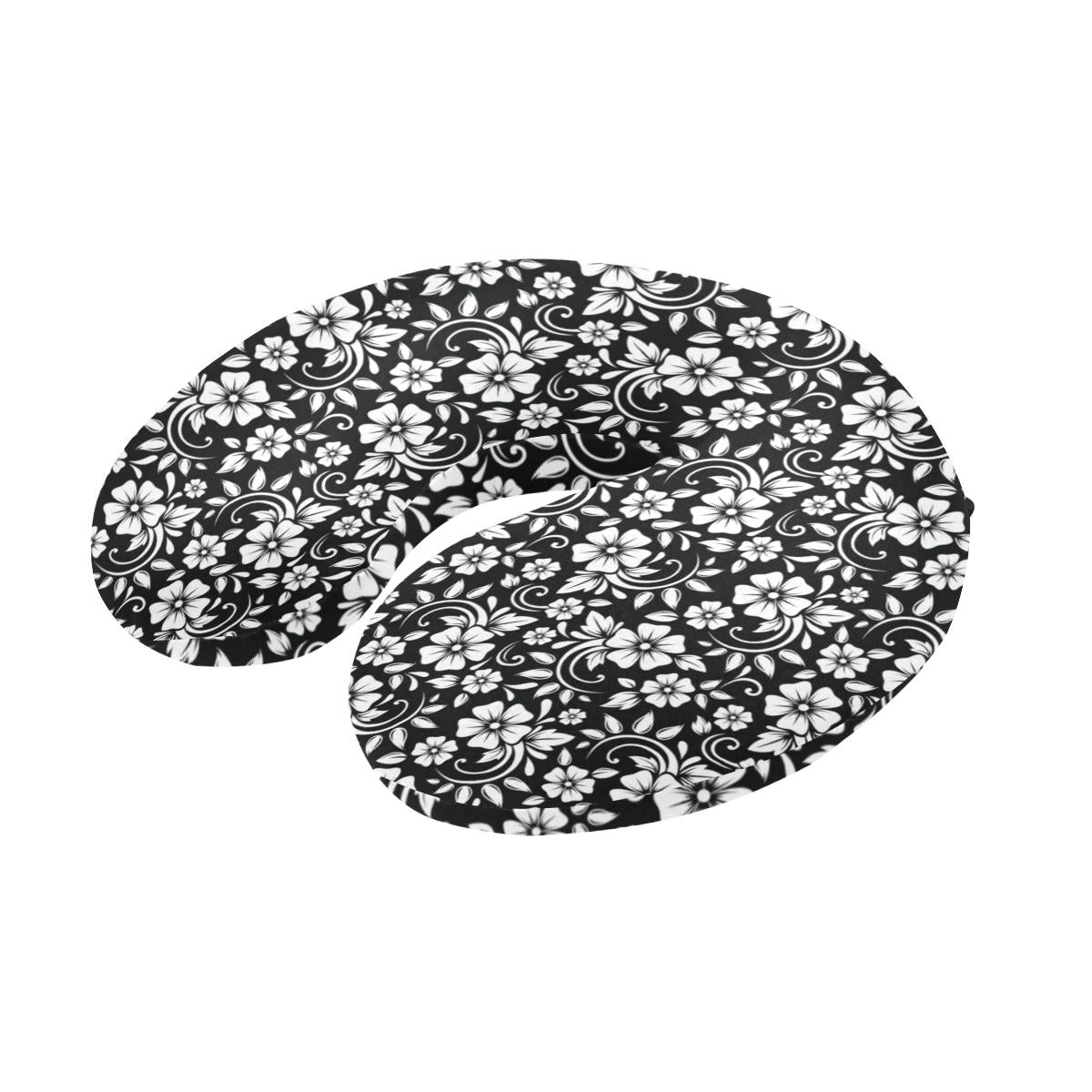 Floral Black White Themed Print U-Shaped Travel Neck Pillow-JTAMIGO.COM