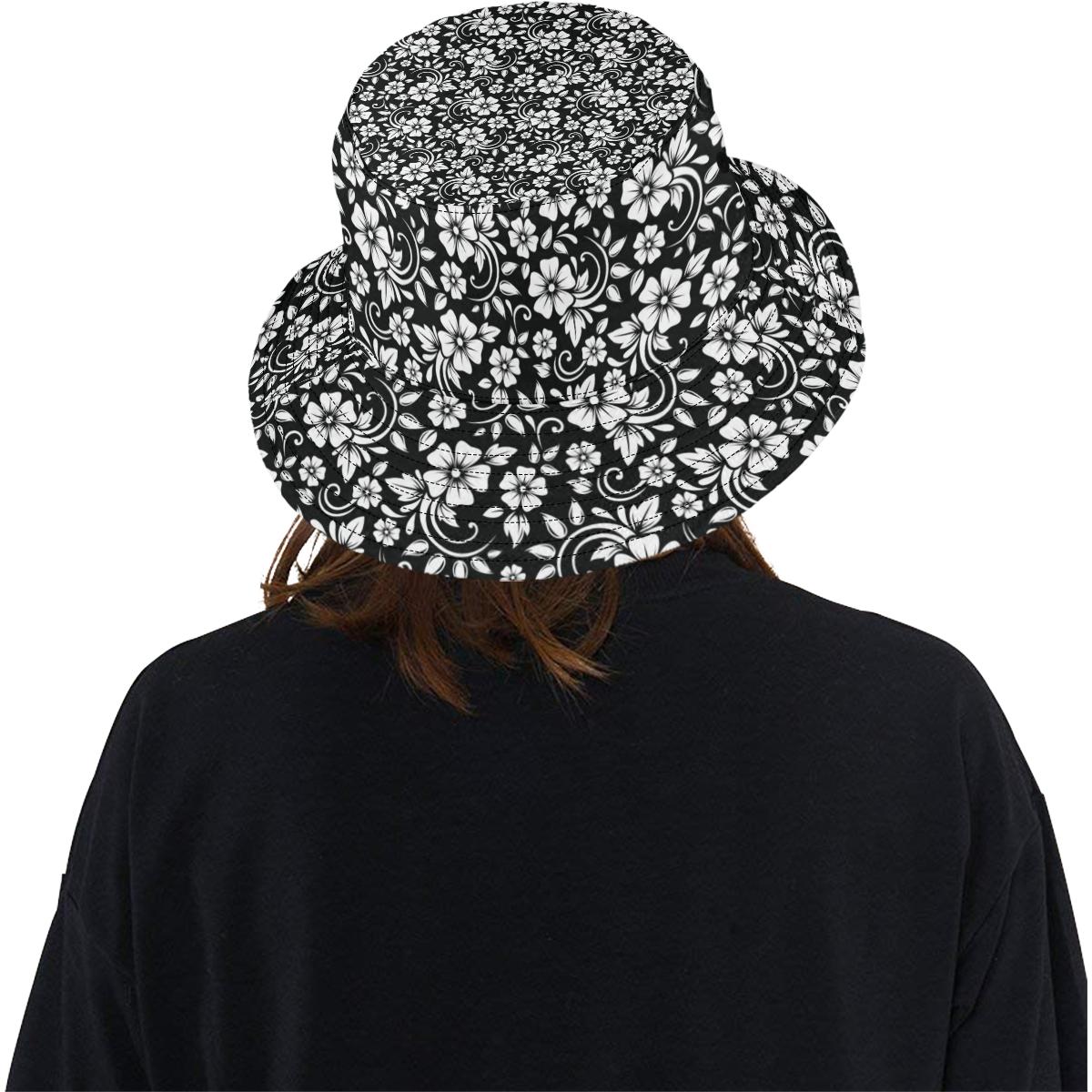 Floral Black White Themed Print Unisex Bucket Hat