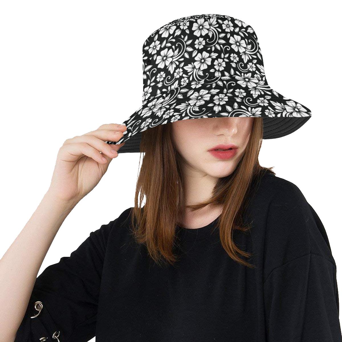 Floral Black White Themed Print Unisex Bucket Hat