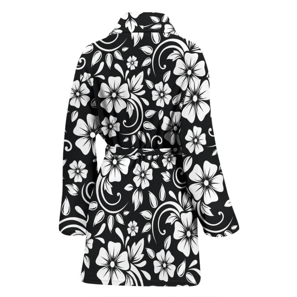 Floral Black White Themed Print Women Bath Robe-JTAMIGO.COM