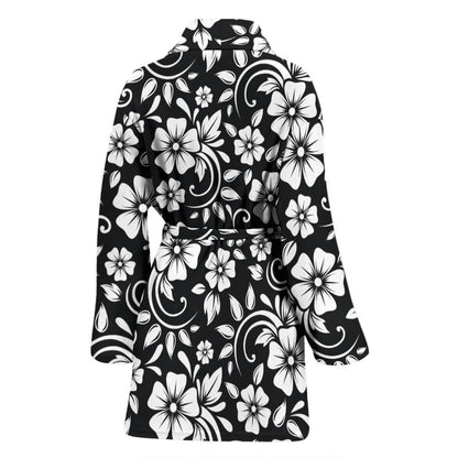Floral Black White Themed Print Women Bath Robe-JTAMIGO.COM