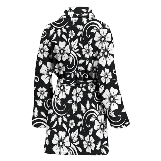 Floral Black White Themed Print Women Bath Robe-JTAMIGO.COM