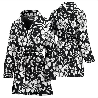Floral Black White Themed Print Women Bath Robe-JTAMIGO.COM