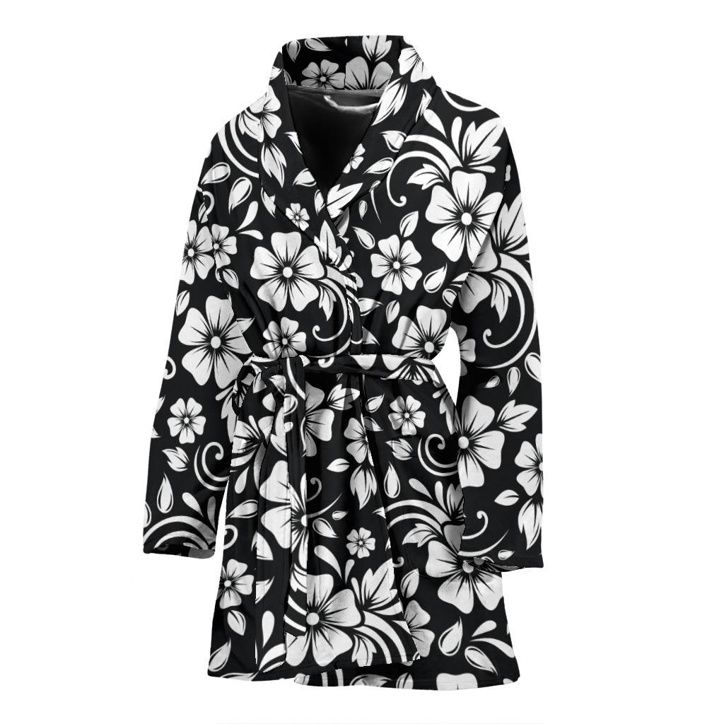 Floral Black White Themed Print Women Bath Robe-JTAMIGO.COM