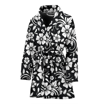 Floral Black White Themed Print Women Bath Robe-JTAMIGO.COM