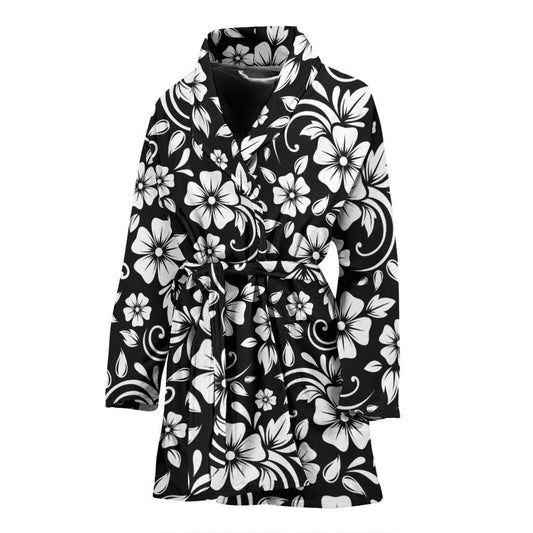 Floral Black White Themed Print Women Bath Robe-JTAMIGO.COM