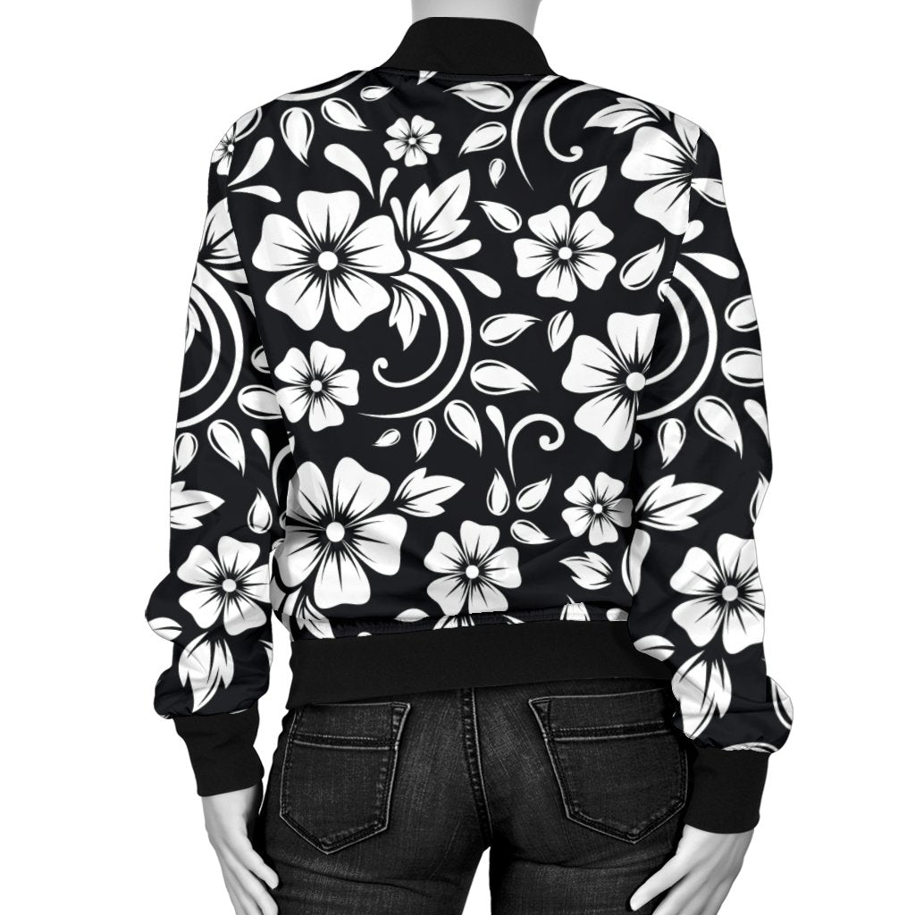 Floral Black White Themed Print Women Casual Bomber Jacket