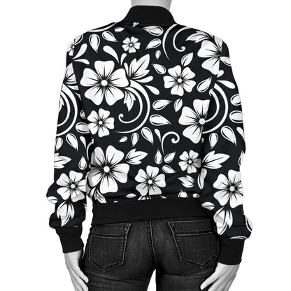 Floral Black White Themed Print Women Casual Bomber Jacket