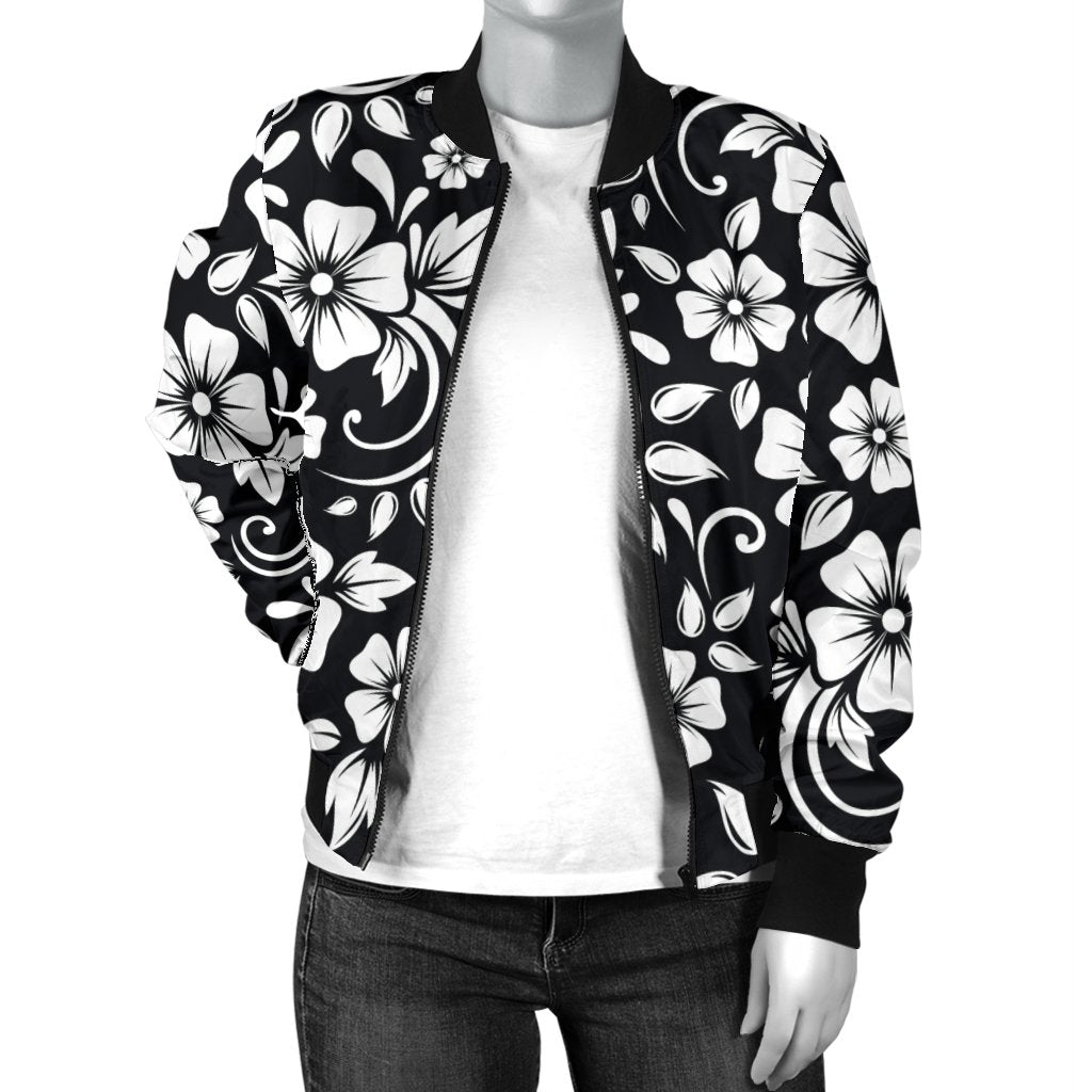 Floral Black White Themed Print Women Casual Bomber Jacket