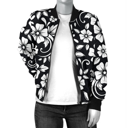 Floral Black White Themed Print Women Casual Bomber Jacket