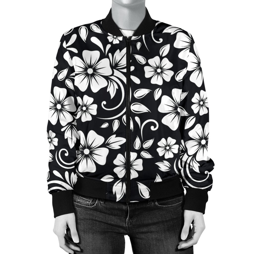 Floral Black White Themed Print Women Casual Bomber Jacket