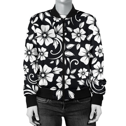 Floral Black White Themed Print Women Casual Bomber Jacket