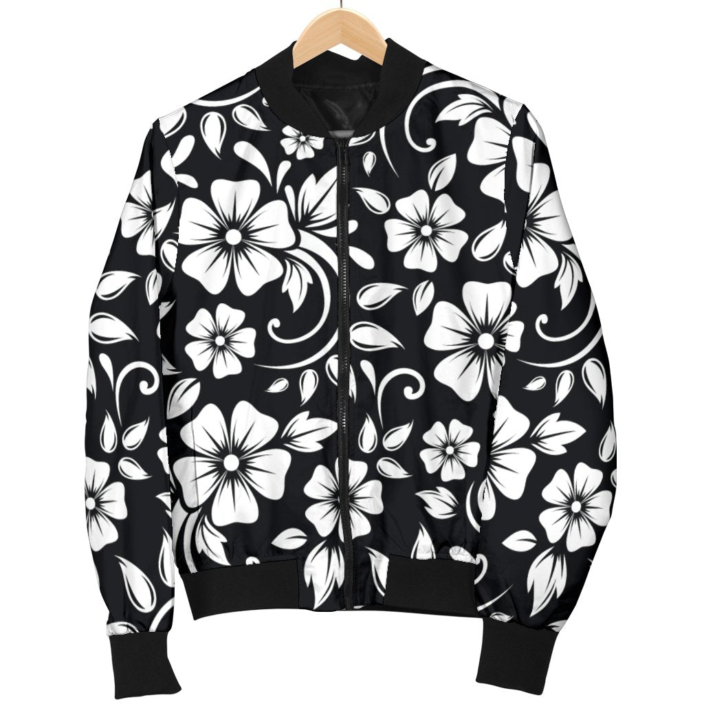 Floral Black White Themed Print Women Casual Bomber Jacket