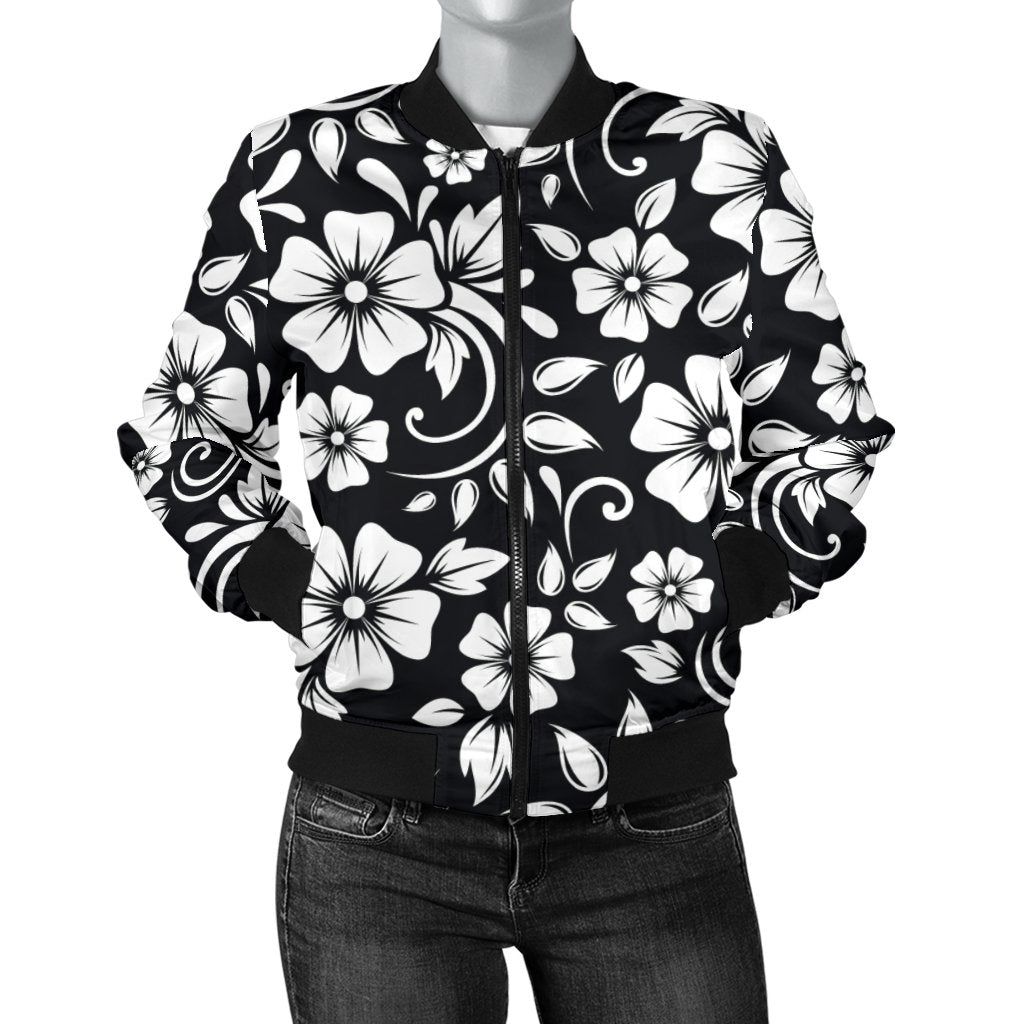 Floral Black White Themed Print Women Casual Bomber Jacket