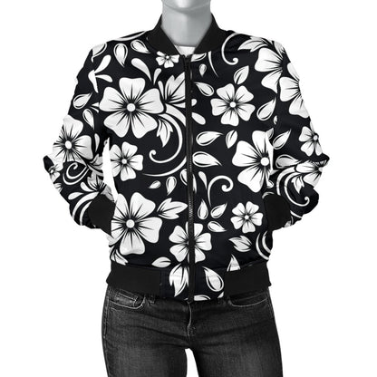 Floral Black White Themed Print Women Casual Bomber Jacket