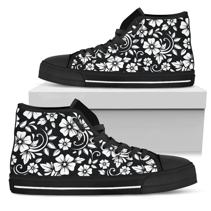 Floral Black White Themed Print Women High Top Shoes