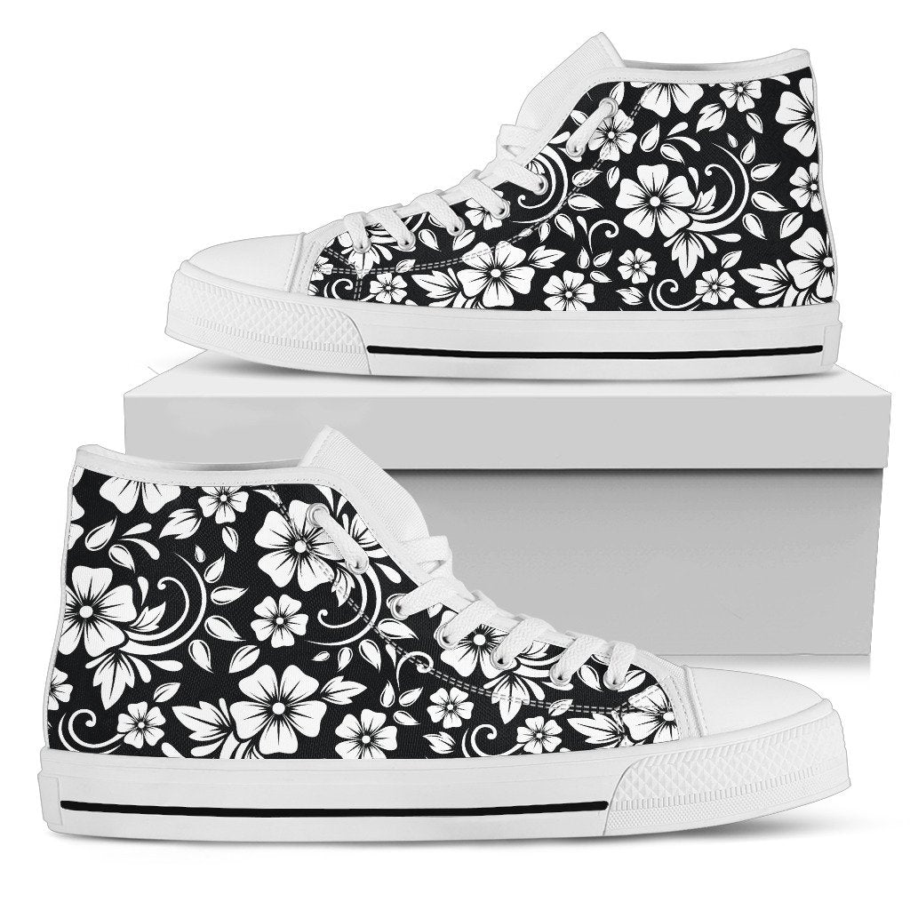 Floral Black White Themed Print Women High Top Shoes