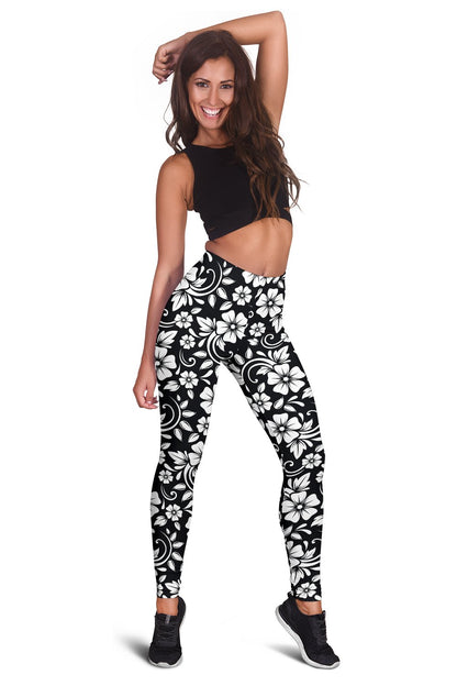 Floral Black White Themed Print Women Leggings
