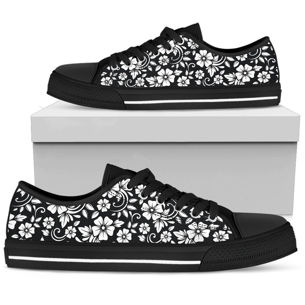 Floral Black White Themed Print Women Low Top Shoes